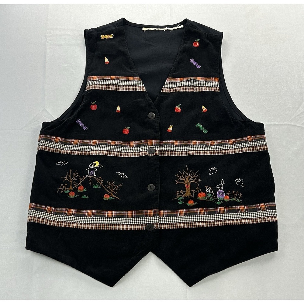 Vintage 90s Halloween Embroidered Corduroy Vest Haunted House Ghosts Large